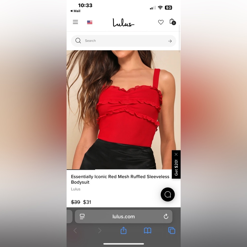 NWOT Lulu's Red Ruffled Camisole Body Suit